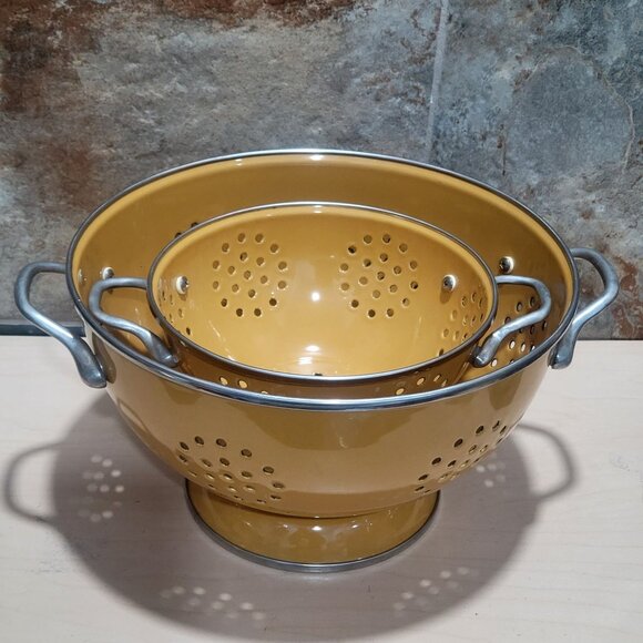 Yellow Enamel Colanders Steel Enamel Coating Set of 2 - Picture 1 of 9